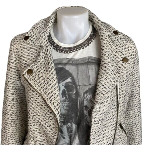 TL The Letter Moto Jacket White/Black/Gold Thread Zipper Wool Blend Size XS - Picture 2 of 12
